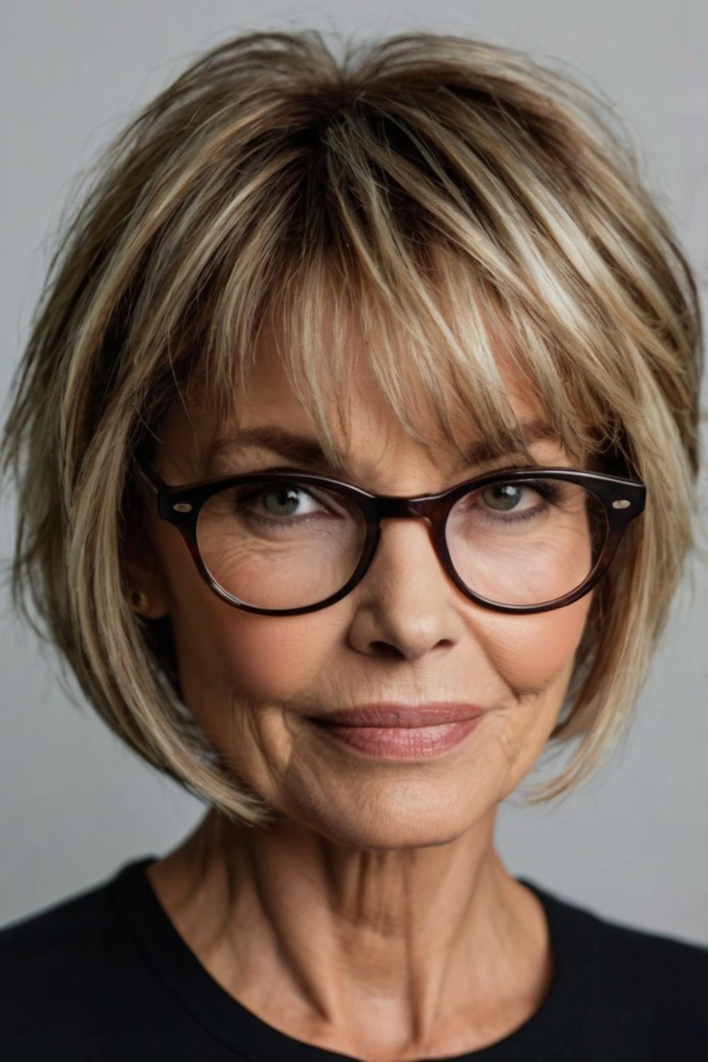 Choppy Layered Bob Hairstyle for Women Over 60 with Glasses