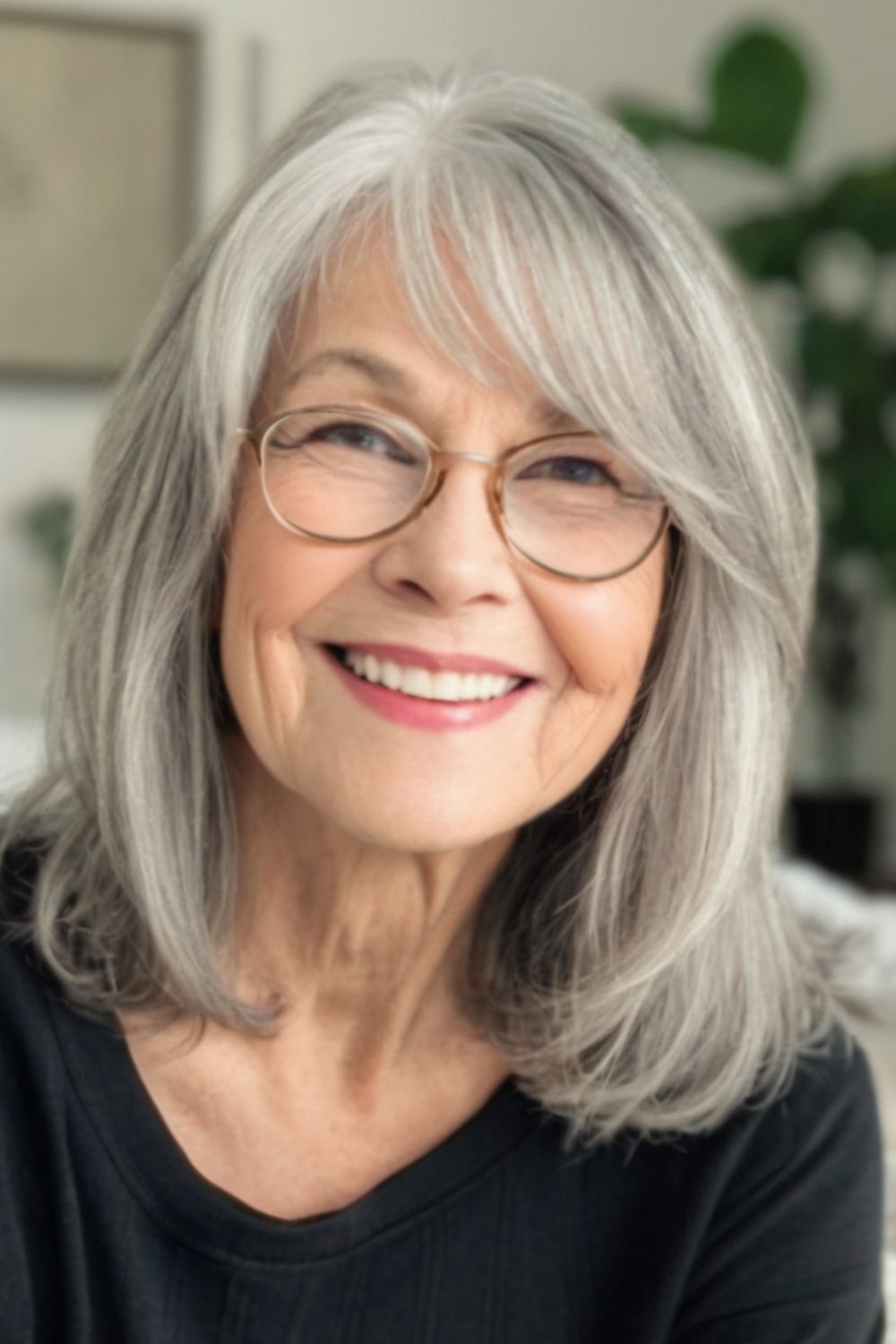 Side-Swept Hair Hairstyle for Women Over 60 with Glasses