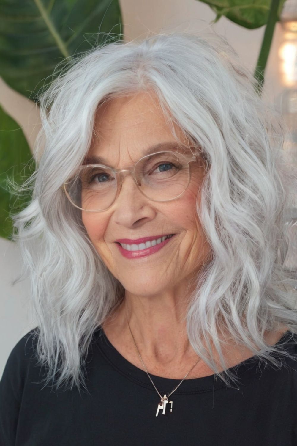 Wavy Lob Hairstyle for Women Over 60 with Glasses